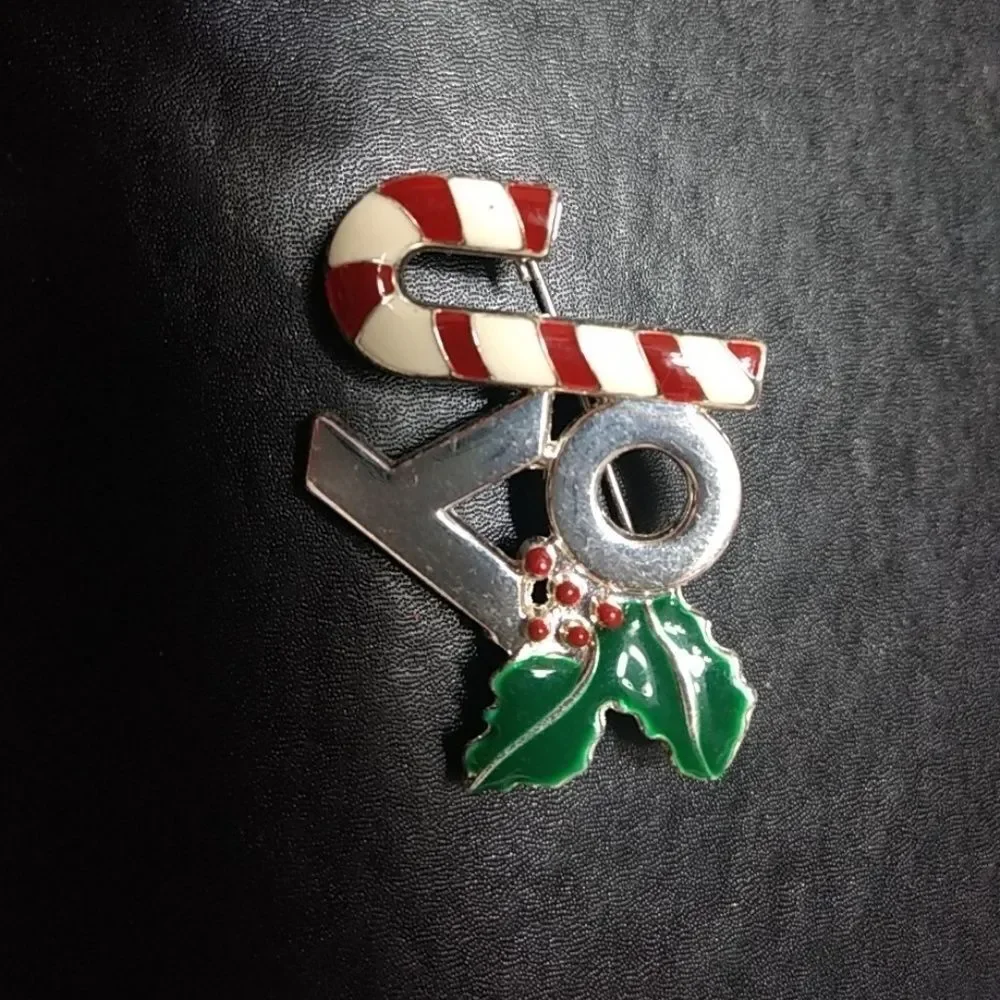 Silver tone joy brooch Candy Cane Holly Red Green